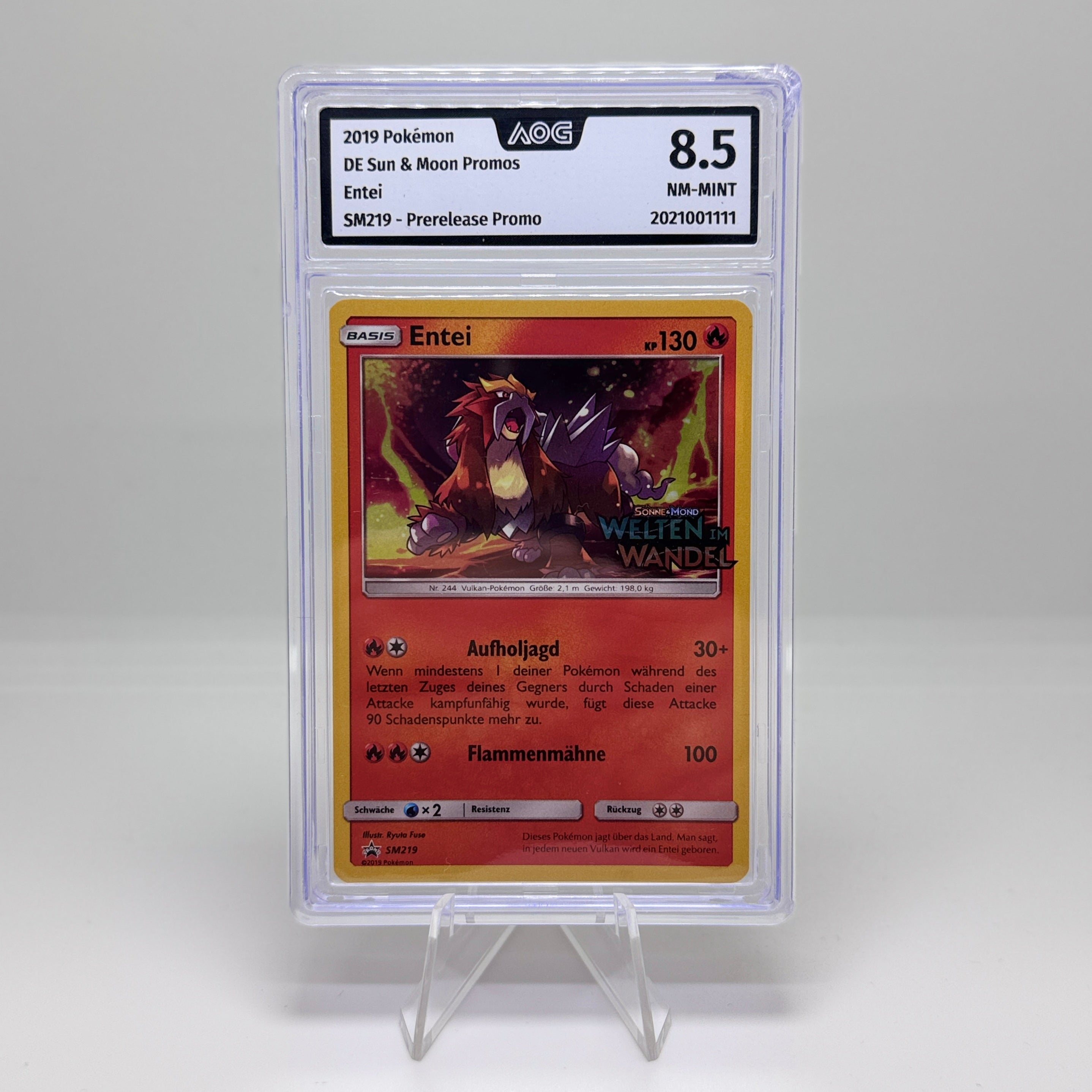Pokémon Karte – Entei SM219 Prerelease Promo – DE Sun & Moon – Graded 8.5 NM-Mint