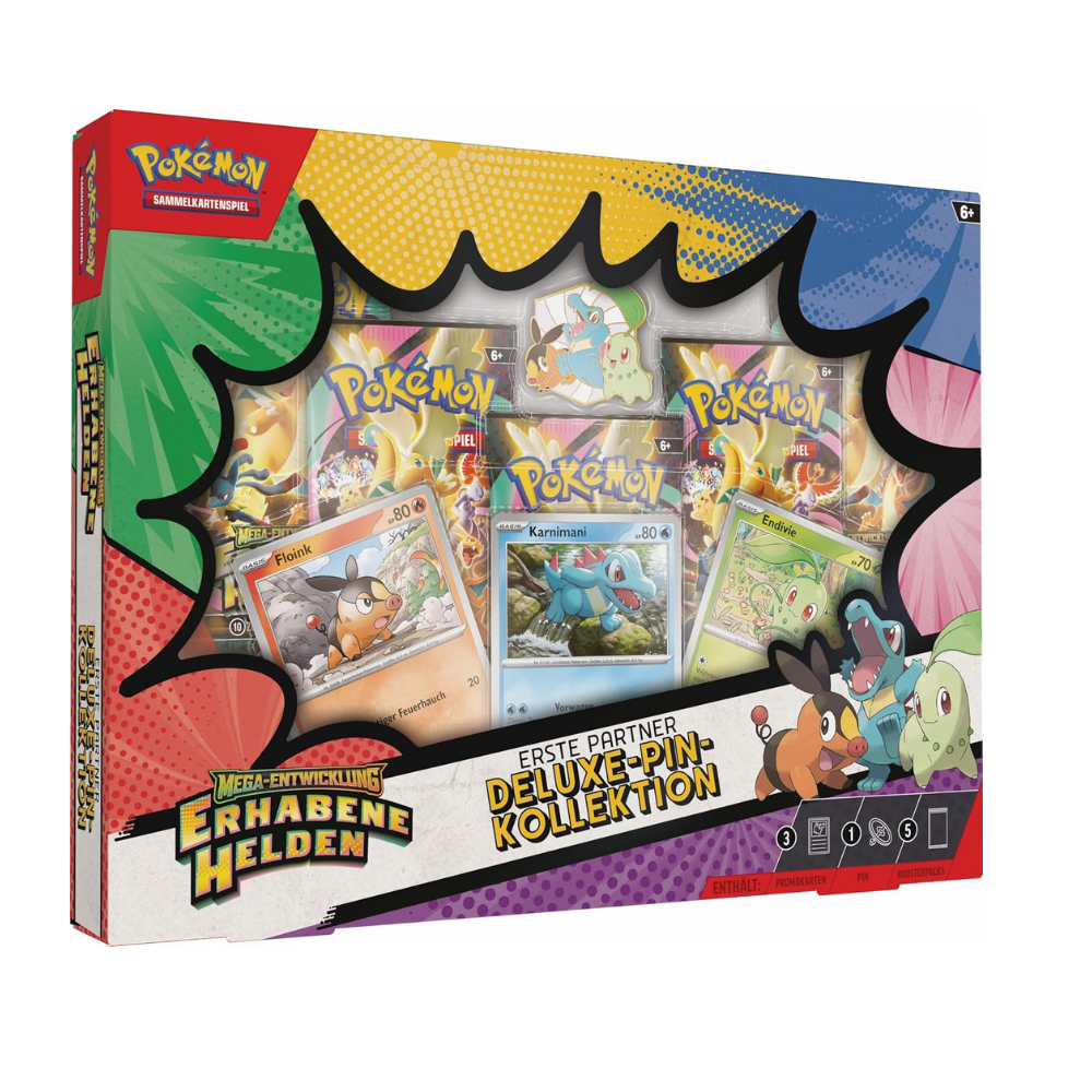 Pokémon Deluxe-Pin Kollektion Erste Partner – Mega-Entwicklung Erhabene Helden (5 Booster)