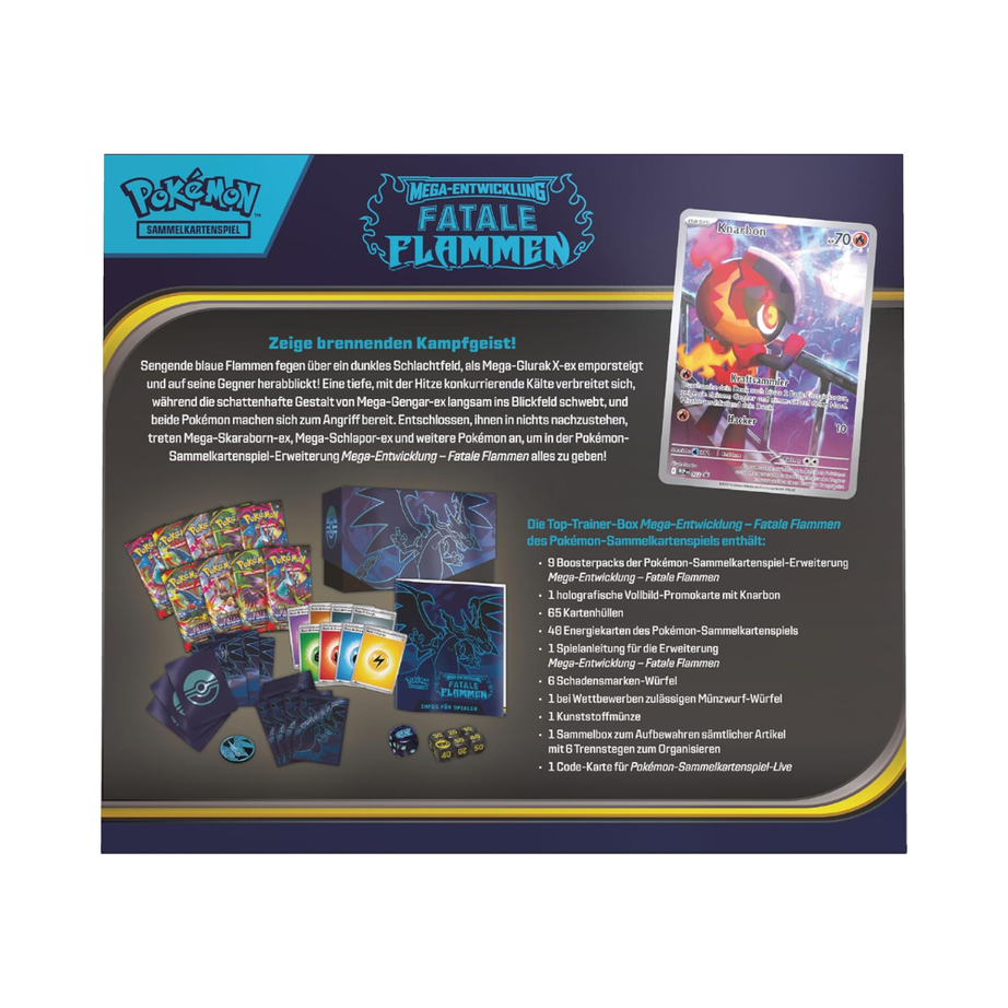 Pokémon Mega-Entwicklung – Fatale Flammen Top Trainer Box (Deutsch) | 9 Booster, Promo & Zubehör | Neu & OVP