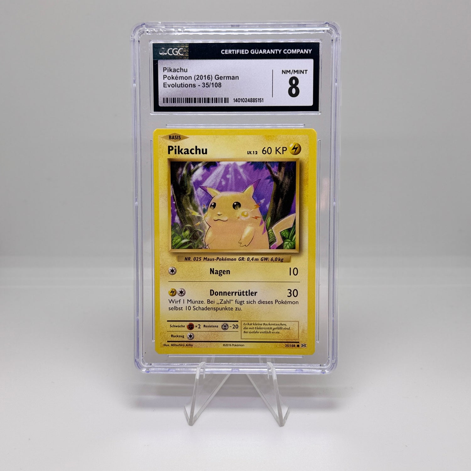 Pokémon Karte – Pikachu 35/108 – DE Evolutions 2016 – Graded 8 NM/Mint