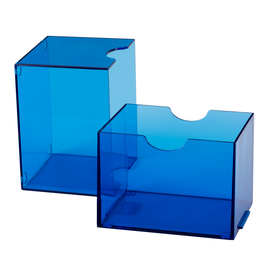 Dragon Shield Strongbox Clear blue (Blau) – geöffnete Deckbox für 100 doppelt gesleevte Karten