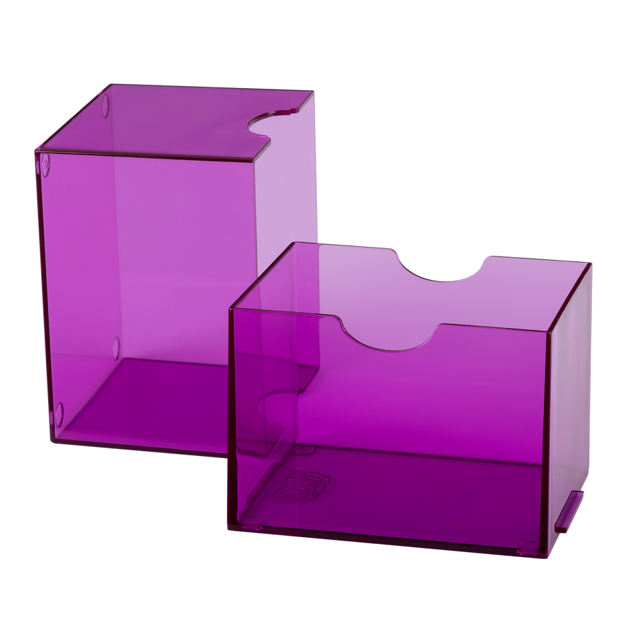 Dragon Shield Strongbox Clear purple (Violett) – geöffnete Deckbox für 100 doppelt gesleevte Karten