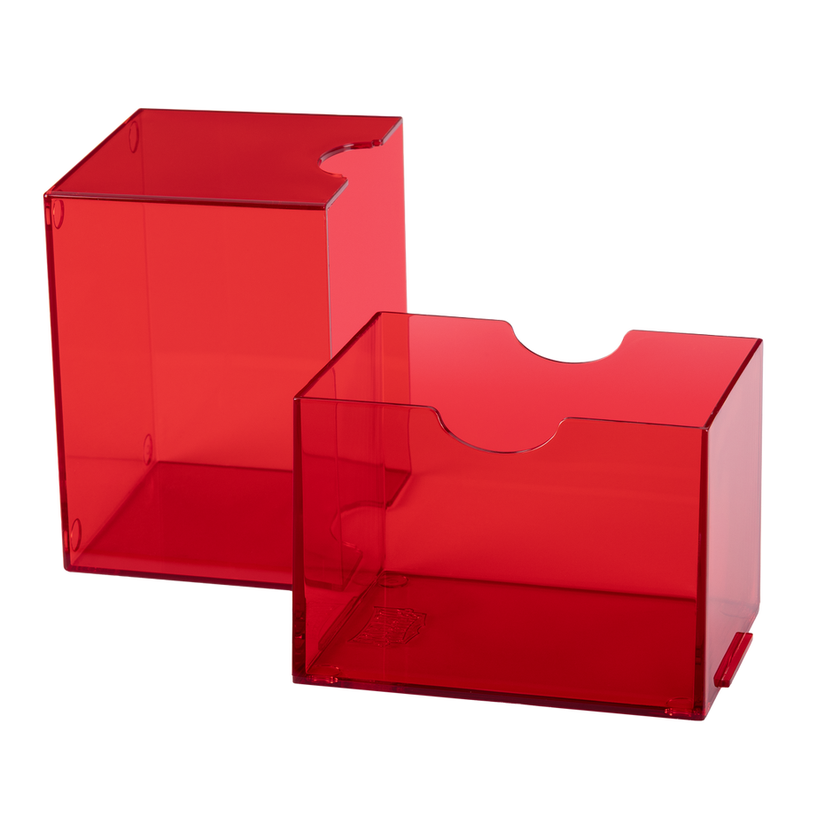 Dragon Shield Strongbox Clear red (Rot) – geöffnete Deckbox für 100 doppelt gesleevte Karten