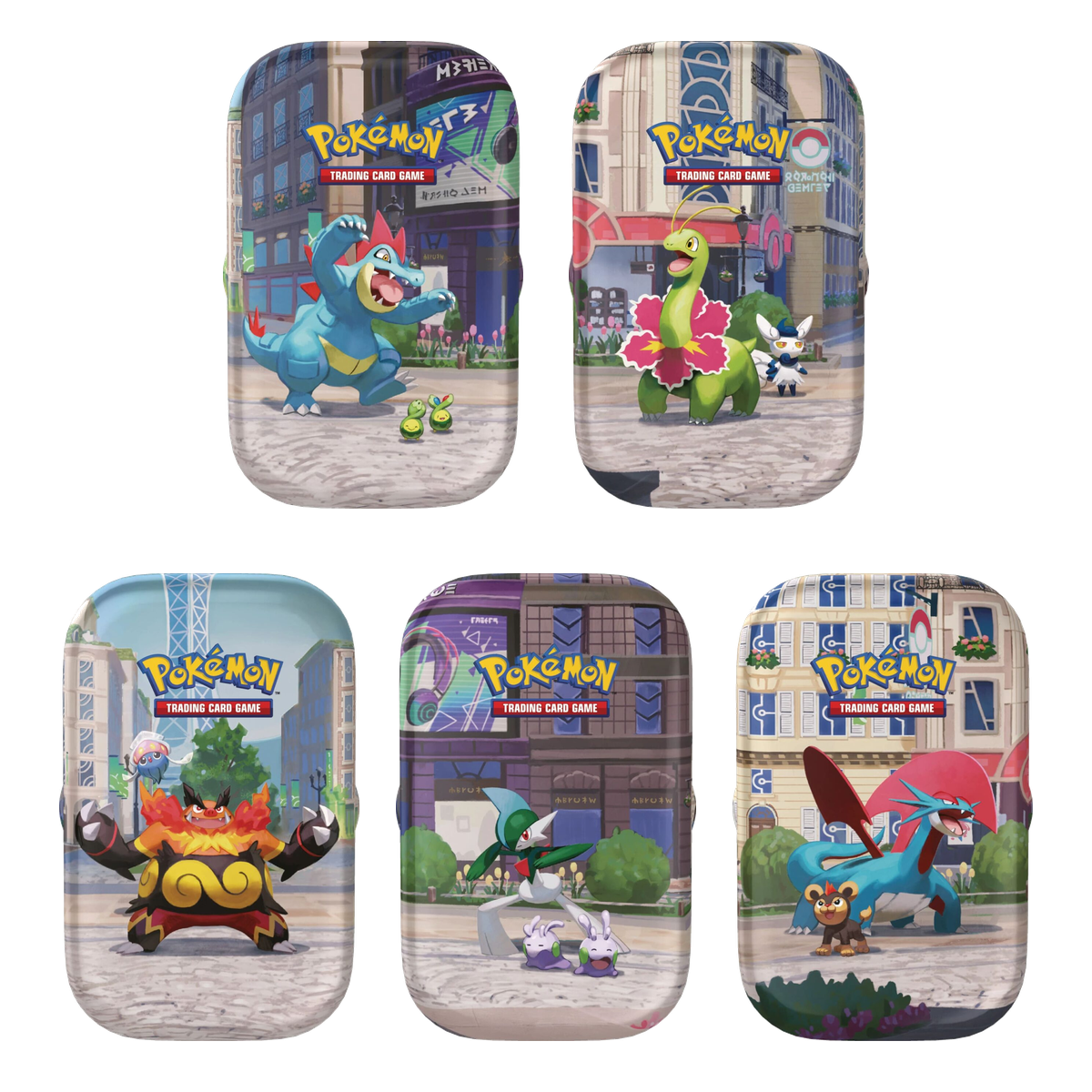 Fünf mögliche Pokémon Illumina City Mini-Tin Motive – geliefert wird eine zufällige Tin