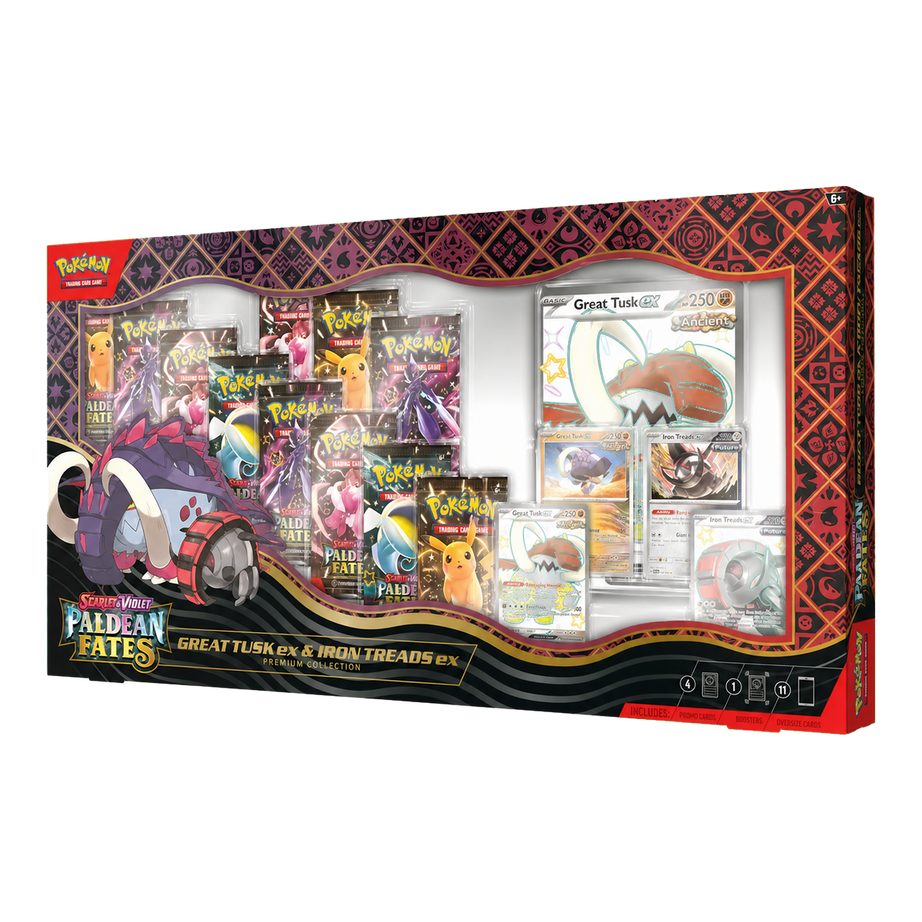 Pokémon Paldean Fates Great Tusk ex und Iron Treads ex Premium Collection Englisch – transparent