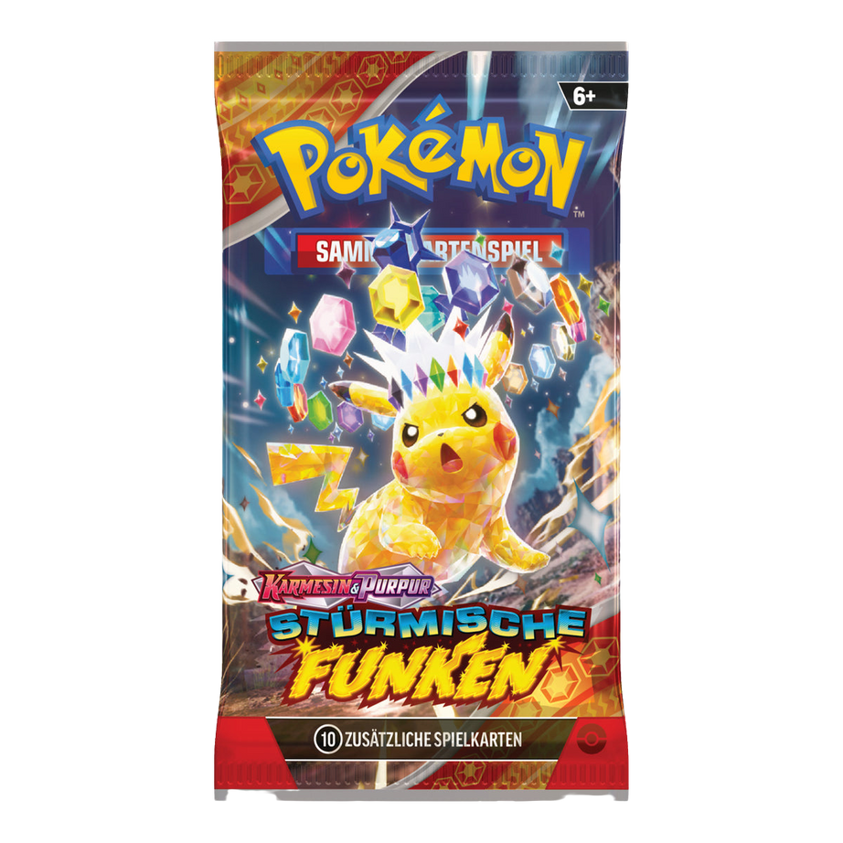 Pokémon Stürmische Funken – einzelnes deutsches Boosterpack, Pikachu-Packmotiv beispielhaft
